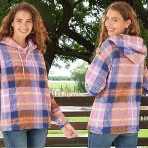 NEW Wrangler Retro Purple and Orange Plaid Sherpa Hooded Pullover Size XXL